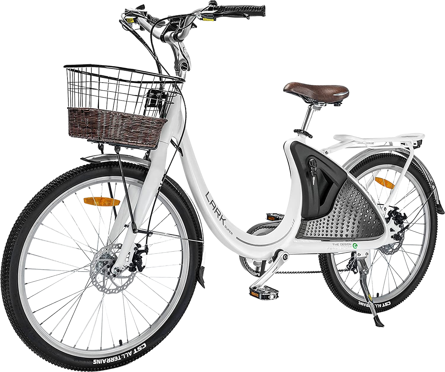 Ecotric Lark E-Bike 36V 10AH 500W 20 MPH City Bike For Women with Basket and Rear Rack White NS-LAK26LCD-W New