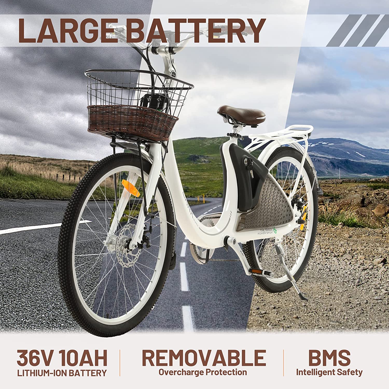 Ecotric Lark E-Bike 36V 10AH 500W 20 MPH City Bike For Women with Basket and Rear Rack White NS-LAK26LCD-W New