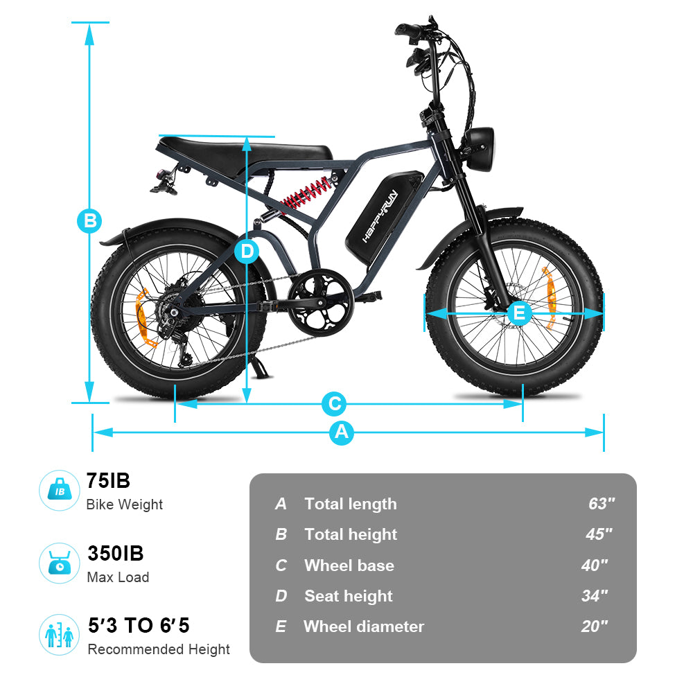 Happyrun Tank G60 Pro 1000W Moped Style Offroad Electric Bike Fat Tire